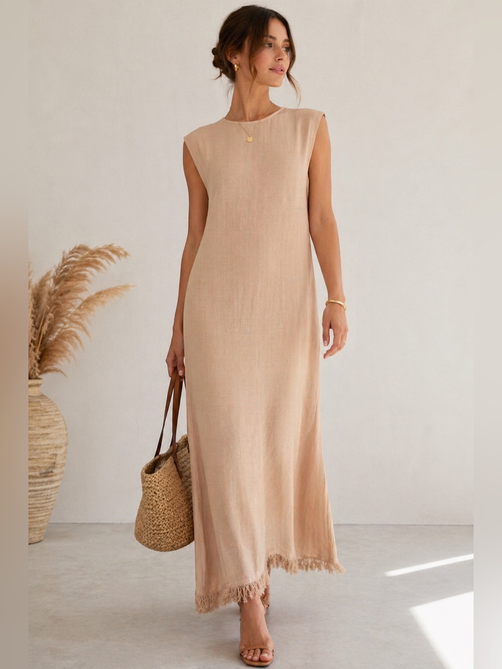 Dress- J.Crew Long-Woven Beige, Fringe Trimmed Hem- Sleeveless Shift-Sz 6- NEW